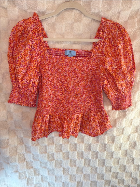 CeCe Tops - CeCe Women’s Floral Smocked Peplum Top in Orange Pink 100% Cotton